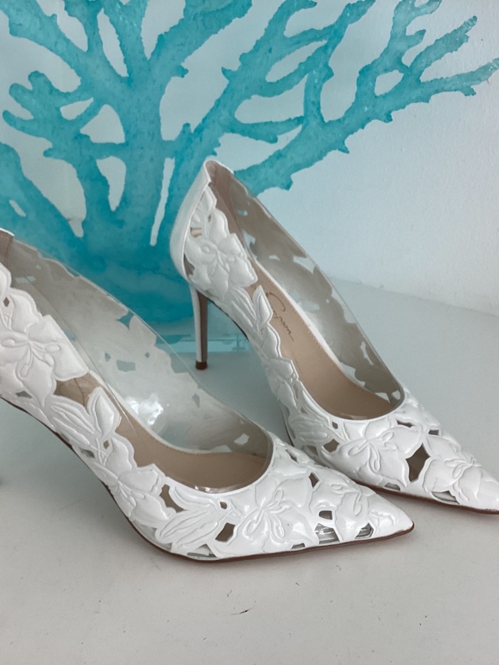 NEW Jessica Simpson PVC White Floral Laser cutouts Dressy Heels 8.5 / 39.5 - Picture 3 of 10